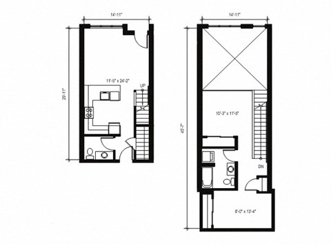 Floor plan for 1 bed, 1.5 baths, 948 sqft